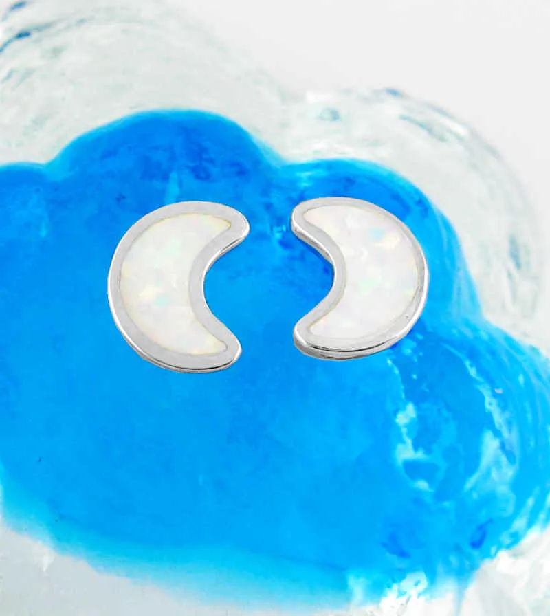 Cute Crescent Moon With Lab Opal Stud Earrings