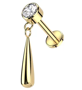 Gold PVD Clear CZ Dangle Teardrop Internally Threaded Titanium Labret