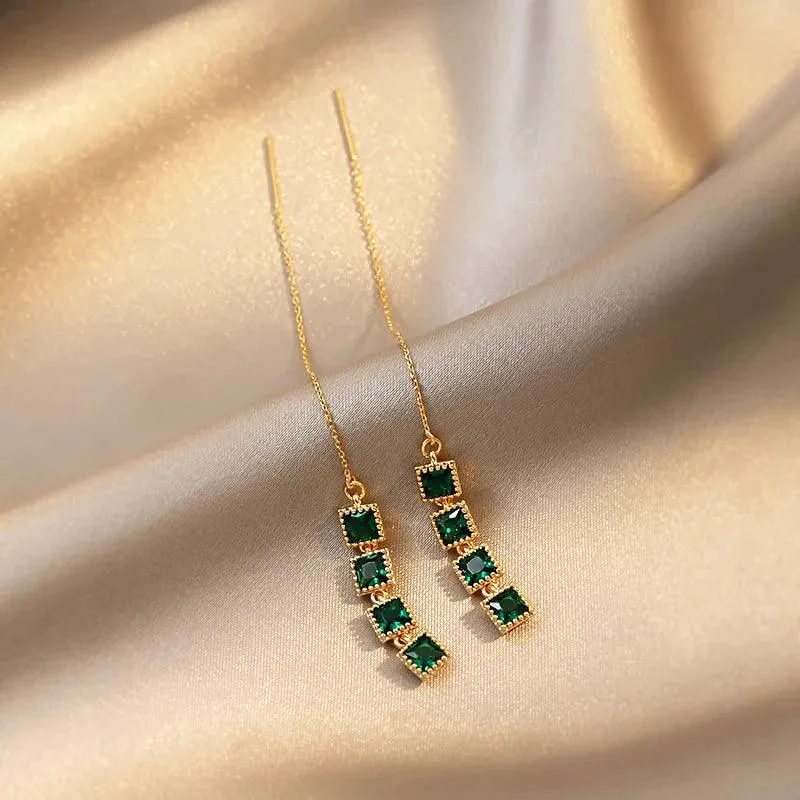 GR348 Long Drop Earrings: Geometric Square Charm Jewelry