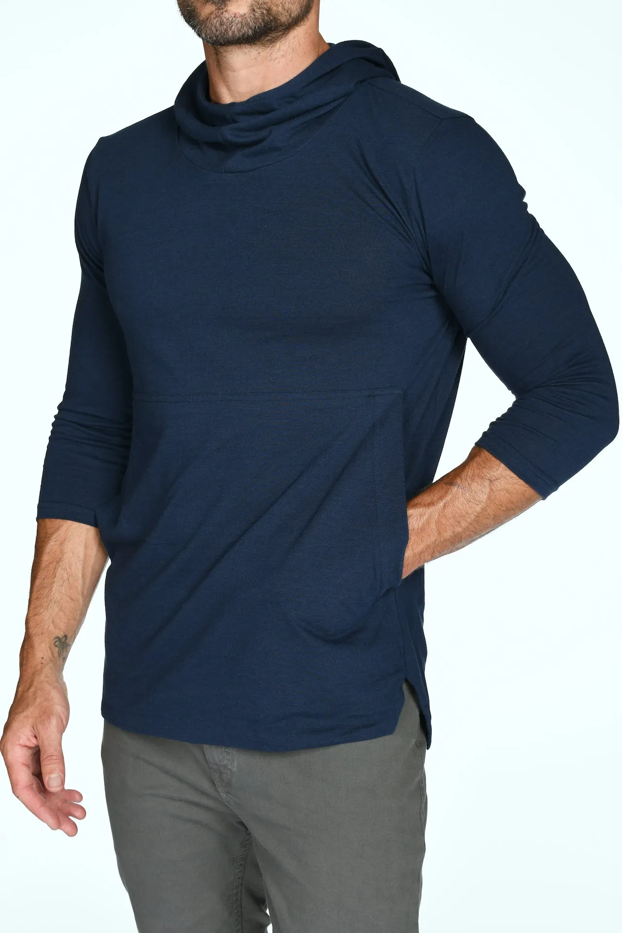 Men's 3/4 Sleeve Cowl Neck Visor Hoodie