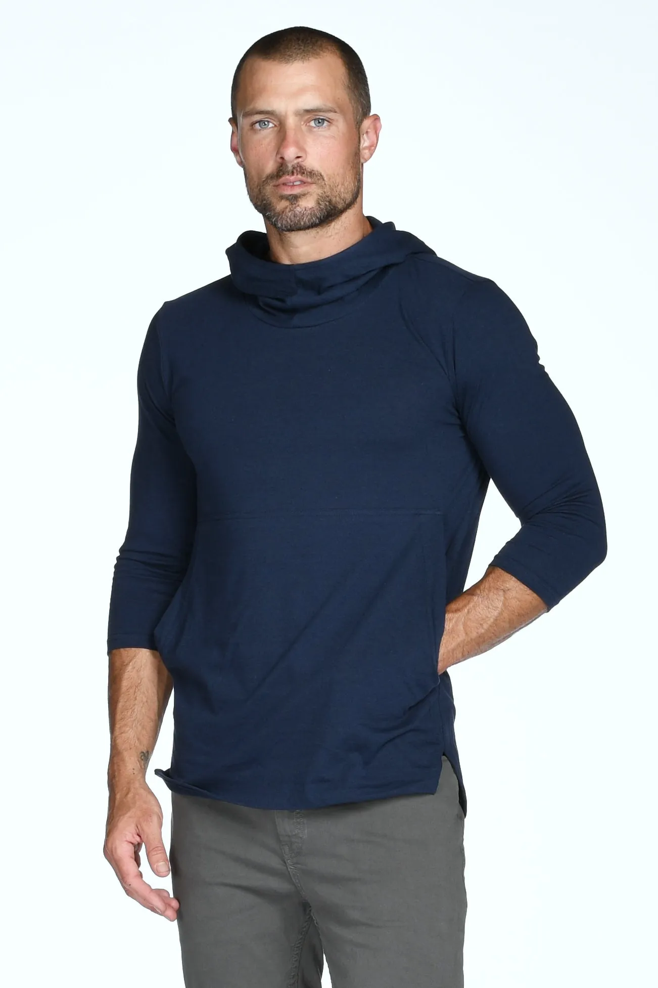 Men's 3/4 Sleeve Cowl Neck Visor Hoodie