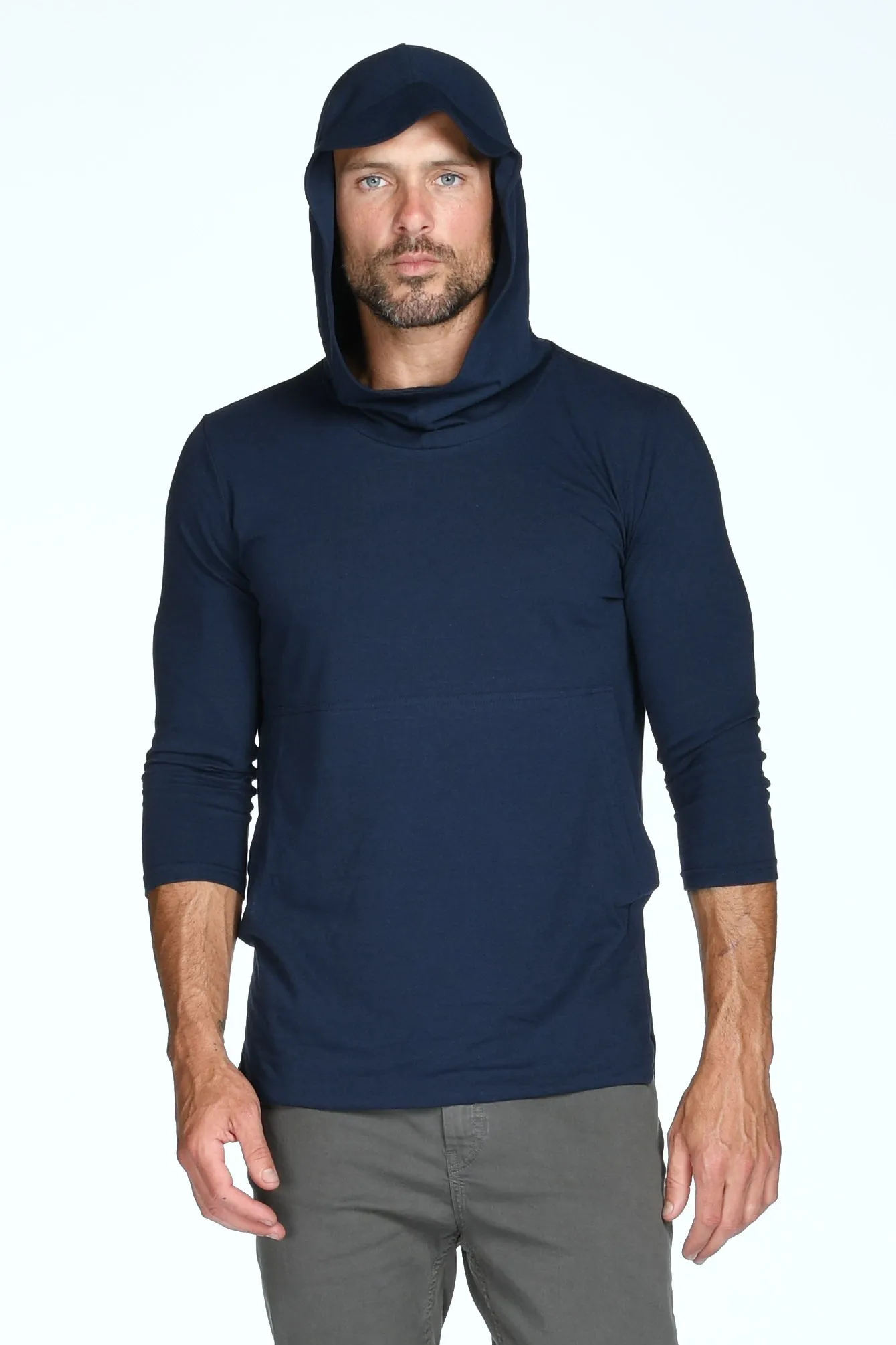 Men's 3/4 Sleeve Cowl Neck Visor Hoodie