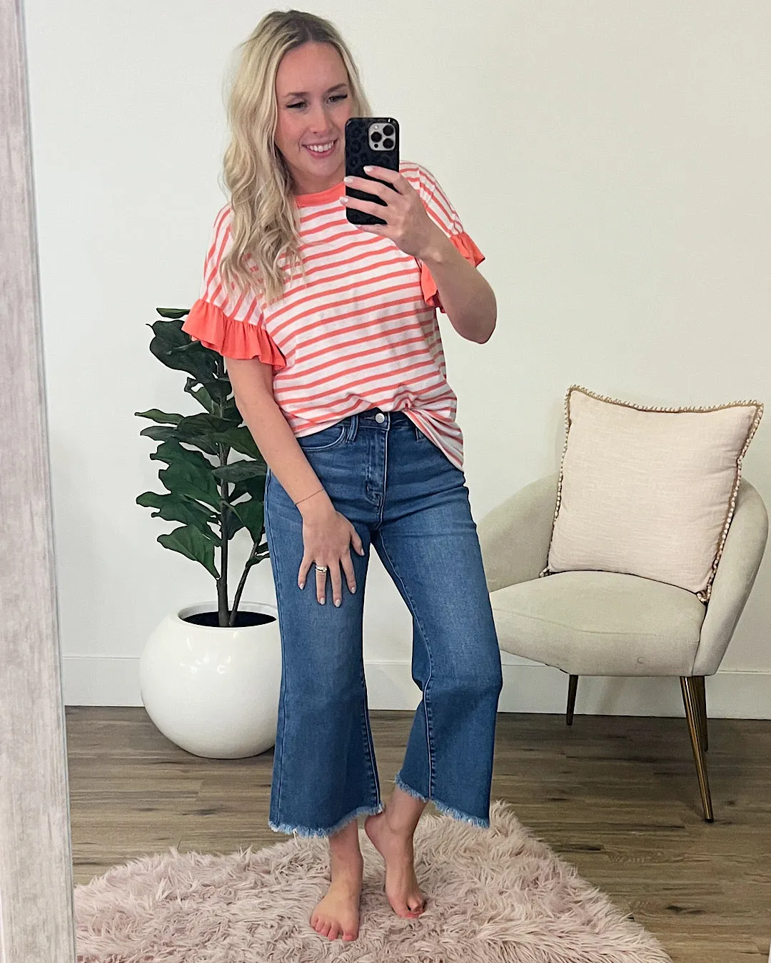 NEW! Elizabeth Striped Ruffle Sleeve Top - Coral