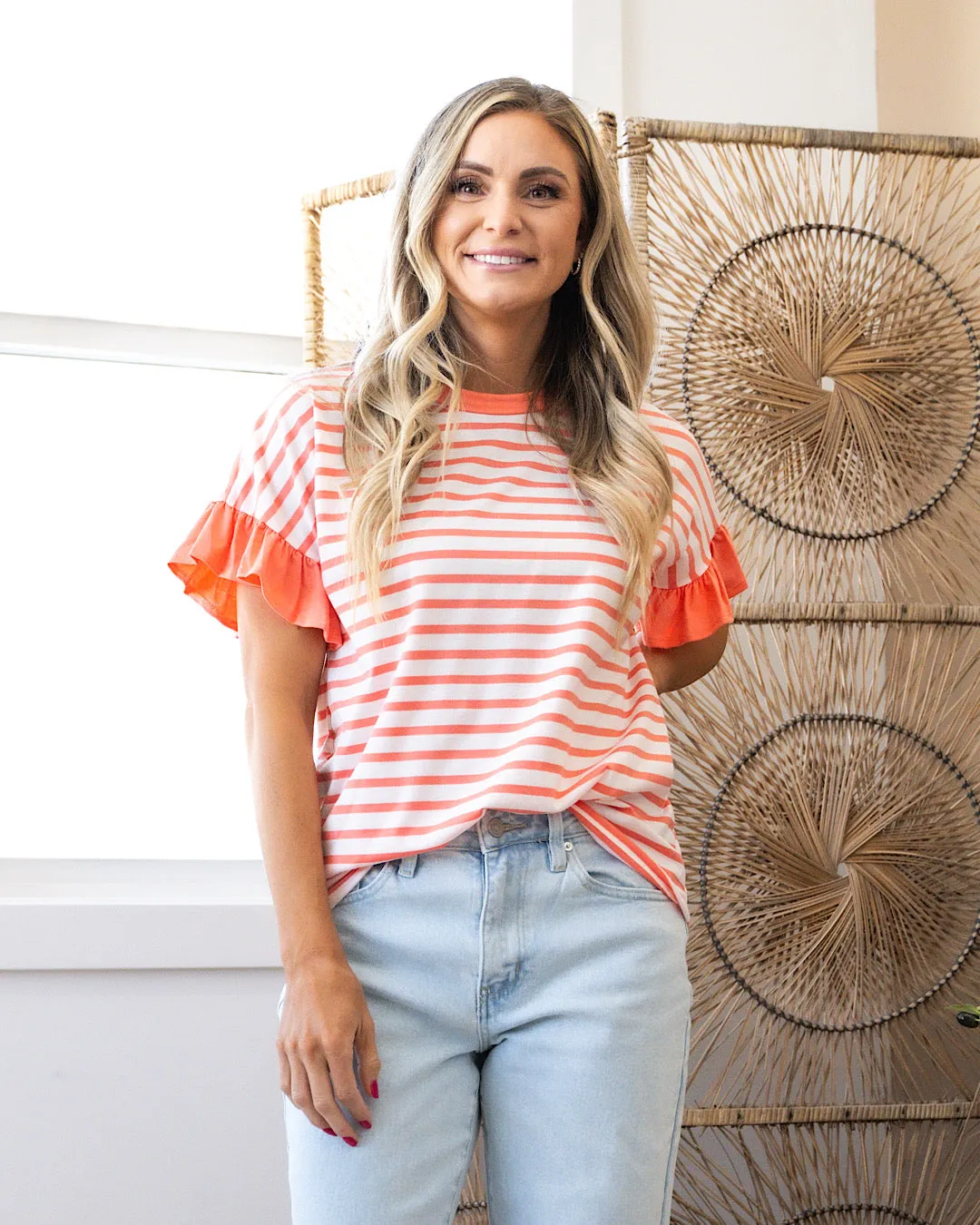 NEW! Elizabeth Striped Ruffle Sleeve Top - Coral