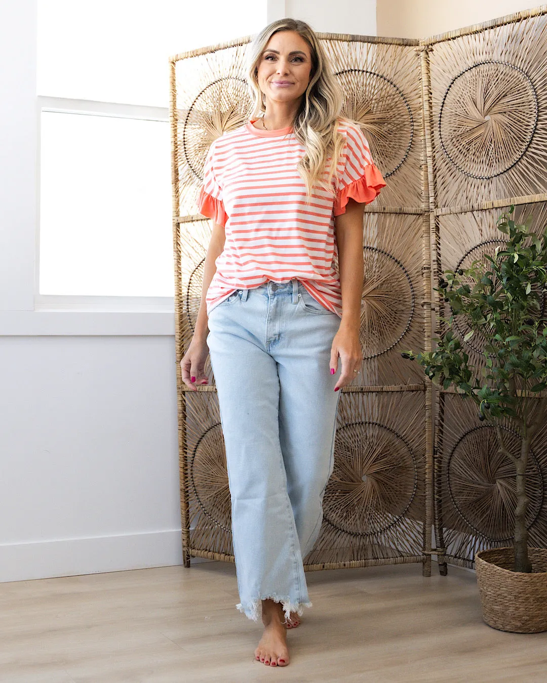 NEW! Elizabeth Striped Ruffle Sleeve Top - Coral