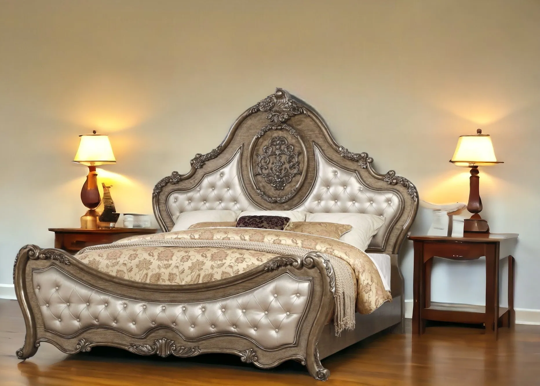 Queen Tufted Bronze Upholstered Faux Leather Bed With Nailhead Trim