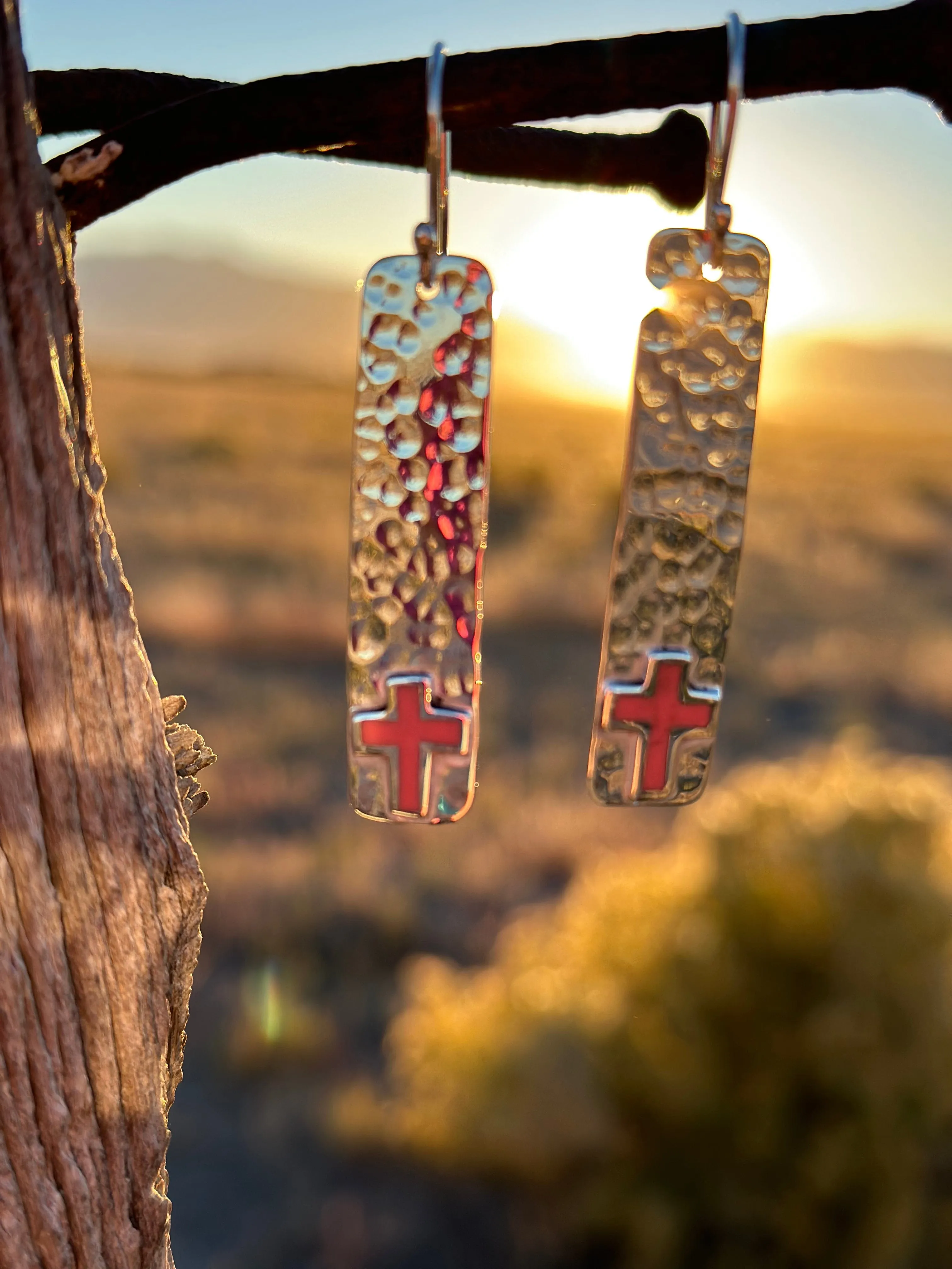 The Hammered Sterling Silver & Coral Cross Earring