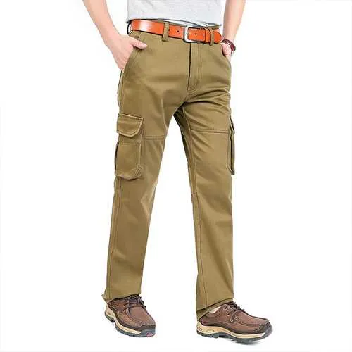 Winter Warm Fleece Lining Cotton Cargo Pants Men's Casual Middle-waisted Straight Baggy Overalls